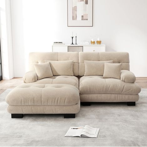 Canapé modulaire d’angle brun clair en chenille avec ottoman mobile et coussins (1/5)