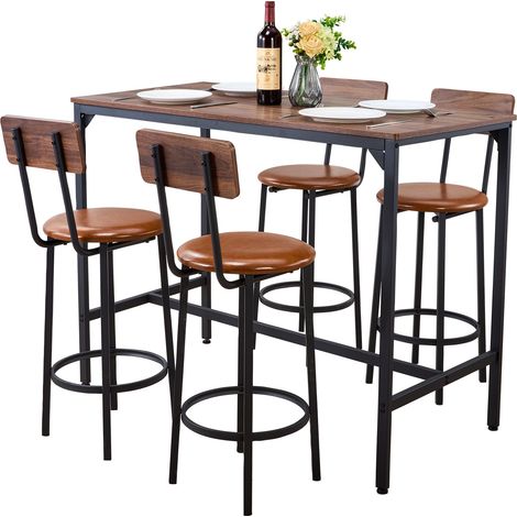 Mophorn Bartisch-Set (5-teilig) mit 4 Barhockern und abgerundeten Kanten, rechteckiger Stehtisch (120 x 60 x 90 cm), vielseitiger Tisch für Büro, Minibar, Esszimmer oder Wohnzimmer (1/5)