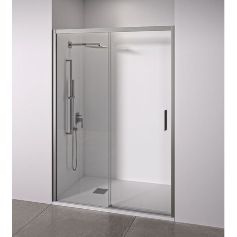 Mampara de ducha frontal 1 corredera + 1 fijo - sin perfilería inferior - Cristal transparente templado 6mm antical - Plata Brillo - Ancho adaptable 140 a 145cm - Posición puerta derecha - Alto 195cm