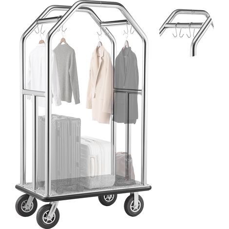 VEVOR Hotelgepäckwagen aus Edelstahl, 680,39kg Belastbarer Kofferwagen mit 8 Zoll Gummirädern, Hotelwagen mit Grauem Teppichboden & Garderobenstange, Gepäckwagen Gewerblich für Hotels Resorts, Silber (1/5)
