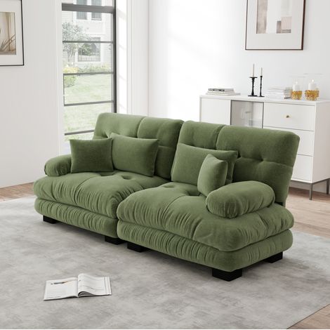 Canapé modulare in chenille verde con cuscini lombari e decorativi, stile cloud (1/5)