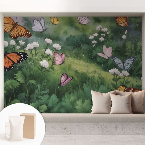 Papier peint intissé décoratif pour salon chambre et cuisine Facile à poser avec colle Papillons dans la prairie 208x146 cm (1/5)