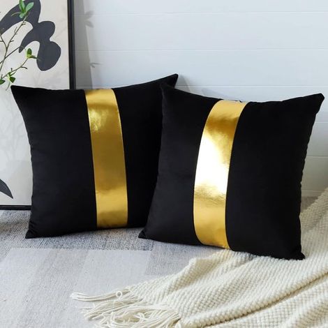 Schwarzer Samtkissenbezug mit luxuriöser, moderner, minimalistischer Ziernaht aus Goldleder, 45 x 45 cm, 2er-Set, für Sofa und Schlafzimmer