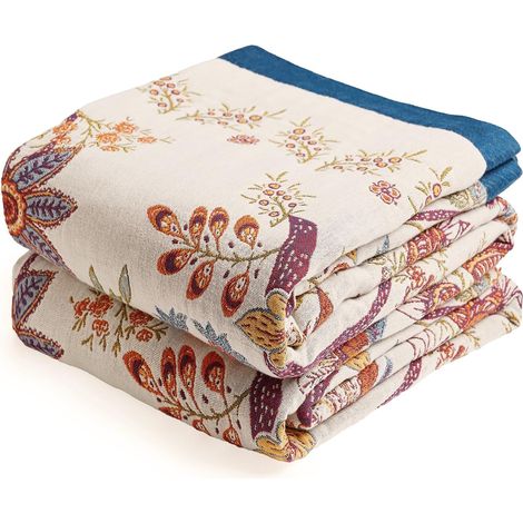 Couvre-lit pour canapé et grand lit en 100% coton biologique - 150x200cm, jeté doux et respectueux de la peau à double face avec motif floral bohème beige pour canapés, fauteuils et (1/5)