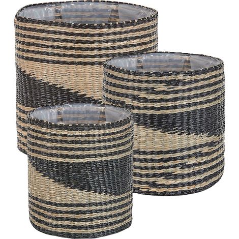 Set of 3 Plant Pots RATTAIL Seagrass 32/29/27 cm Black (1/5)