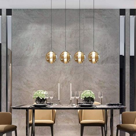 GBLY Moderne Deckenlampe - 4 Glühlampen in runden Gläsern, 150 cm, höhenverstellbar, Esszimmendeckenlampe für Wohnzimmer, Küche, Schlafzimmer, Flur (Bernsteinfarben, 4 Glühlampen)
