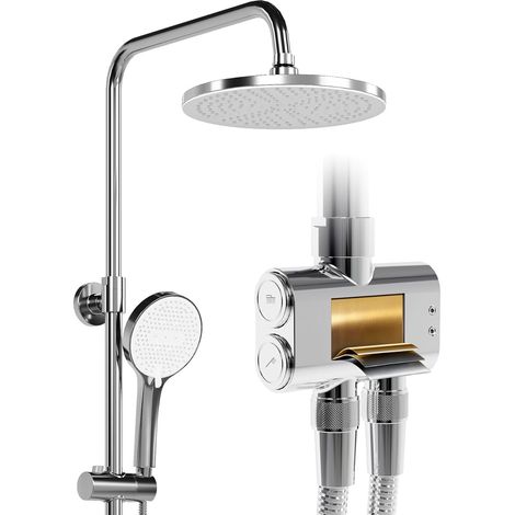 HOROW Shower Riser Rail Kit with 10" Rainfall Head & 5-Mode Handset - Adjustable Stainless Steel Pipe & Brass Diverter - Chrome Finish, Works with Existing Mixer (No Tap) (1/5)