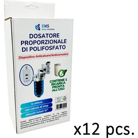 Dosatore proporzionale di polifosfato per impianti idraulici Per Caldaia Filtro Anticalcare ByPass Protezione Impianto con Ricarica Inclusa Attacchi Ruotabili Confezione da 12 scatole