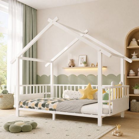 Lit enfant en métal en forme de maison 90 x 200 cm avec barrière de sécurité, blanc (1/5)
