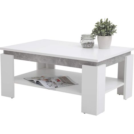 Hela Tische, Tim - Tavolino da divano, materiale a base di legno rivestito in melammina, bordo colorato, bianco/effetto cemento, grande ripiano, 90 x 60 x 41 cm (1/4)