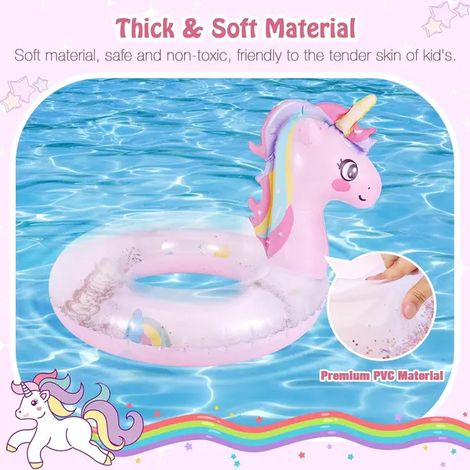 Bouée gonflable en forme de licorne, en PVC, avec des paillettes, 55 cm (21,6 pouces), couleur rose, pour enfants, pour la piscine et la plage.-AquaForge (1/4)