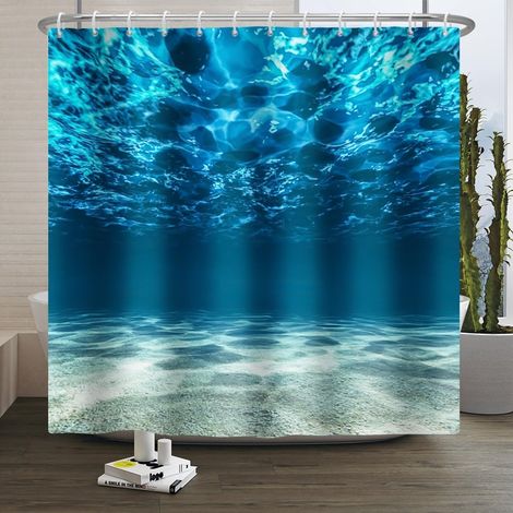 Rideau de douche océan, rideau de douche bleu océan, rideau de douche nature, monde sous-marin, rideau de salle de bain profondeur marine, tissu imperméable et lavable en machine (1/5)