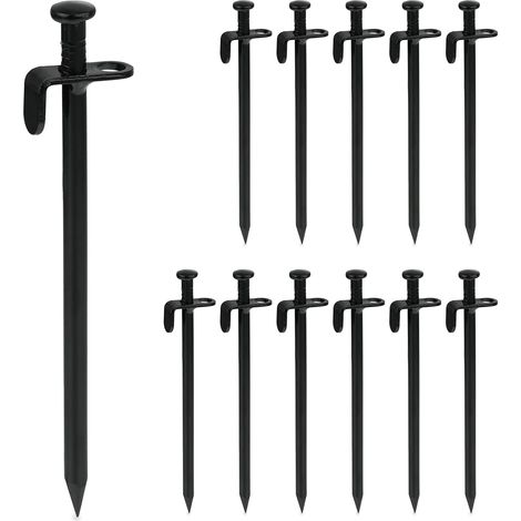 Lot de 12 piquets de tente pour sol dur, camping, bâches, acier inoxydable, HLD : 20 x 4 x 1,5 cm, noir (1/5)