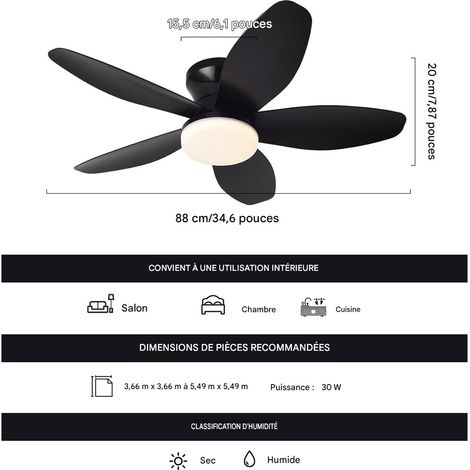 Suspension ventilateur LED 36 pouces, ventilateur plafond silencieux, minuterie, moteur réversible, télécommande, lumière 3000K-6000K, Noir