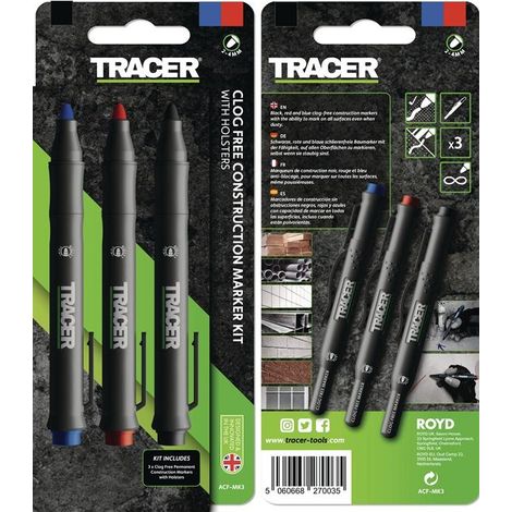Tracer - Verstopfungsfrei Baumarkierungsset. 3 x Markierungsstifte mit Halteclippen (Allzweckmarker, ideal für glänzende und staubige Oberflächen) Markierstift – Schwarz, Rot, Blau - ACF-MK3 (1/3)