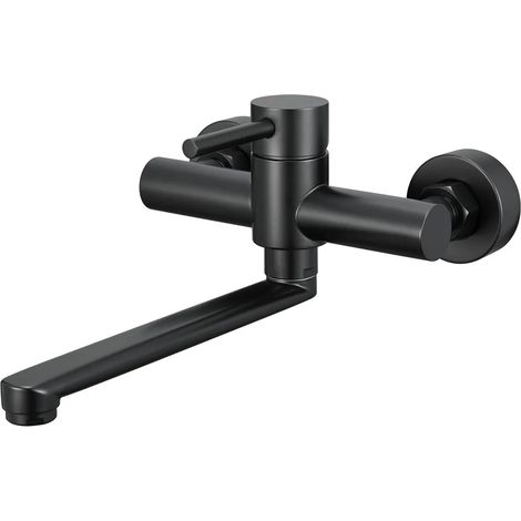 Rubinetto da cucina a parete, girevole a 360°, in acciaio inox, con maniglia singola per miscelare acqua calda e fredda, braccio girevole da 28 cm, colore nero. (1/5)