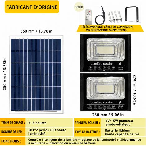 Projecteur Solaire LED Extérieur Double Lampe 200W 281 LED × 2 avec Panneau et Télécommande 200w 281 2 40 × 39 × 17,5 cm 1,95 kg – Livraison gratuite