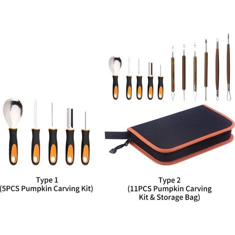Kit de sculpture de citrouilles d'Halloween 5 pièces : outils professionnels en acier inoxydable et fournitures de découpe et de sculpture de citrouilles professionnelles (1/5)