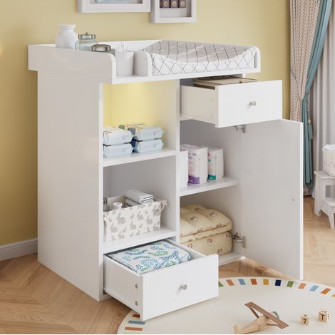 Wickelkommode blanche, avec éclairage LED réglable, 2 tiroirs, grand espace de rangement, en bois (1/5)