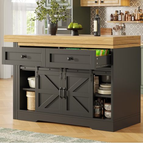 Îlot de cuisine 120x40x72 cm en MDF noir, extensible avec rangement pour salle à manger FloraGrace (1/5)