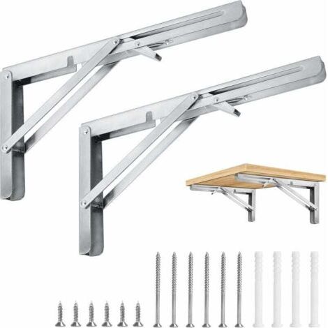 QORVA-Équerre Pliante 400mm, lot de 2 consoles pliantes pour charge lourde 400 mm Capacité 186 kg, Supports d'étagères Pliantes en Acier Inoxydable pour Garage, Cuisine, Chambre (2 pièces)
