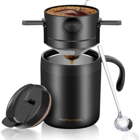 Juego de cafetera portátil (incluye taza y filtro de café de acero inoxidable, ideal para viajes, acampadas, oficina y senderismo), negro (1/5)