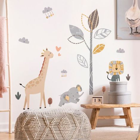 Stickers Muraux Animaux de la Jungle Arbre Boho Autocollants Muraux Mural Stickers Safari Girafe Lion Éléphant pour Chambre Enfants Bébé Pépinière (1/4)