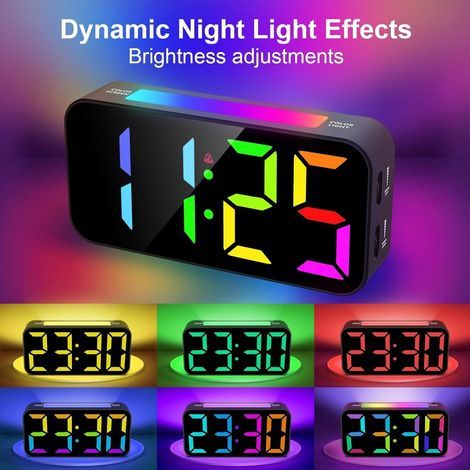 Digitaler Wecker – RGB-Wecker fürs Schlafzimmer – Digitaler Wecker mit Netzteil und 8-farbigem Nachtlicht – Großes Display – Zwei Alarmstufen – 3 Lautstärkestufen – Schwarz
