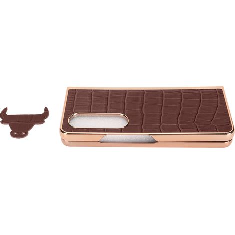 Étui de téléphone en cuir de vachette véritable à motif crocodile, nano-électroplaqué, pour téléphone pliable Samsung Galaxy Z Fold 4, coque résistante aux rayures, marron. (1/5)