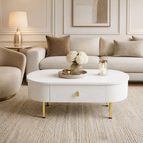 Mesa de centro con 2 cajones, patas y tiradores dorados, 108 x 50 x 40 cm, MDF blanco DESVIAE (1/5)