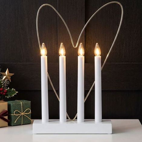 LED Kerzenständer Tischdeko Fensterbank Herzmotiv Weiß Holz Stahl H 37 cm (1/5)