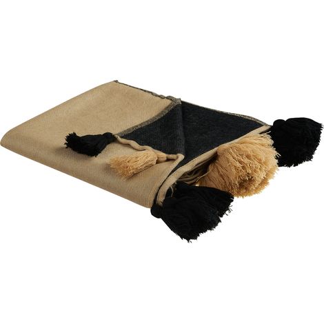 Manta de acrílico beige negro 130 x 170 cm poliéster colcha flecos Thumki