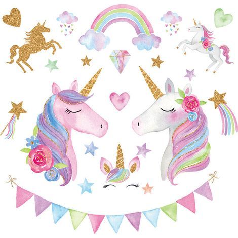 Pegatinas de pared de unicornio arcoíris, murales de nubes y estrellas para la habitación de la bebé, sala de estar o guardería. (1/5)