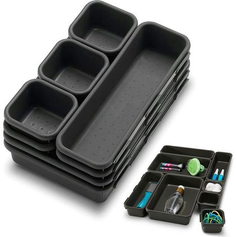 Lot de 8 organiseurs de tiroir, séparateurs modulaires emboîtables en 3 tailles, bacs de rangement en plastique pour bureau, salle de bain, cuisine et maquillage, gris foncé (1/5)