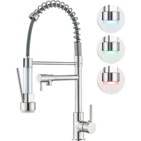 Robinet Cuisine Mitigeur Avec Douchette Extractible - 1 Unité - Nickel Brossé - LED Et Double Jet - Pour Évier De Cuisine - 360 Degrés (1/5)