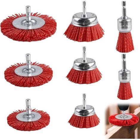 Lot de 8 brosses en nylon fil de nylon avec tige hexagonale de 1/4" pour perceuse, 8 tailles de brosses de perçage
