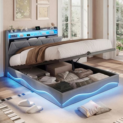 Lit 2 Places 160x200cm, lit coffre, Tête de lit avec Rangement, Sommier Inclus, avec port USB et LED, Chambre moderne, Gris, velours