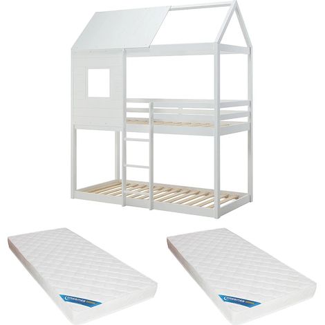 Lits superposés cabane 2 x 90 x 190 cm - Pin et MDF - Blanc + Matelas - LIDOVARA (1/5)