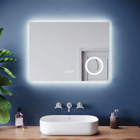 SONNI Bluetooth Badspiegel mit Beleuchtung Steckdose, Wandmontierter LED Badezimmerspiegel mit 3-Fach Vergrößerung 3 Lichtfarbe Anti-Beschlag, 1000 x 600 mm