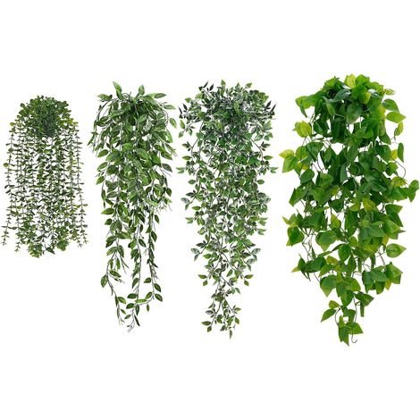 Lot de 4 Plante verte artificielle suspendue - Pots décoratifs pour murs, maison et salon, adaptées à l’intérieur et l’extérieur (1/5)