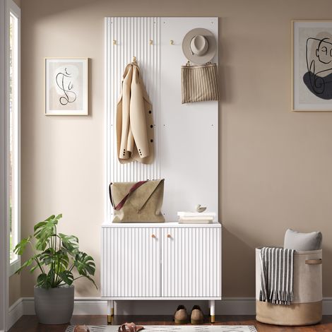 Armoire, portant, meuble à chaussures, meuble d'entrée combiné, armoire autoportante, meuble de rangement, meuble en panneaux de particules et MDF, rangement à chaussures, armoire murale avec crochets (1/4)