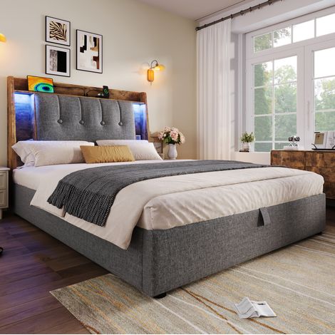 Polsterbett mit Stauraum USB-C LED 90x200 Grau OKMYHOME (1/5)