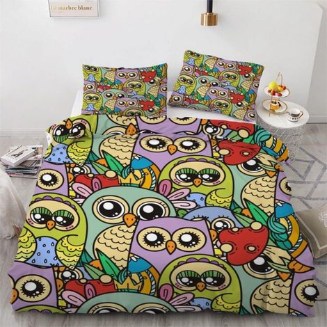 Bettwäsche-Set 200x200 cm mit 2 Kissenbezügen 80x80 cm, 3D Eulen Motiv, Mikrofaser, Wendebettwäsche