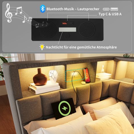Lit capitonné lin 90x200 cm avec couchage d'appoint 90x190 cm, éclairage LED, haut-parleur Bluetooth, chargeurs USB-C, tête de lit en équerre avec rangement, canapé convertible, gris, sans surmatelas (1/5)