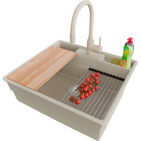 PRIMAGRAN Evier Cuisine en Granit 58x53cm,Lavabo 1 bac + Robinet 38x14cm + Kit de Vidage + Accessoires, Évier à Encastrer au meuble 60cm - New York, Beige (1/5)