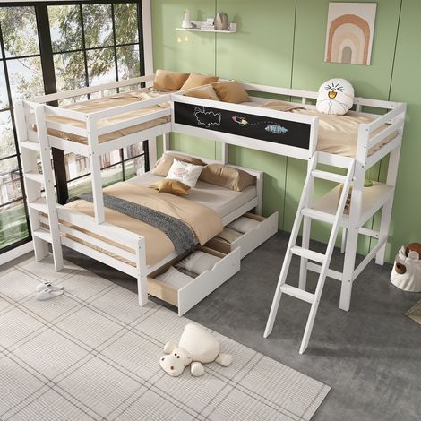 Letto a soppalco con scrivania, letto a soppalco 90x200 cm, letto per bambini 140x200 cm con cassetti, struttura letto in legno, bianco (1/5)