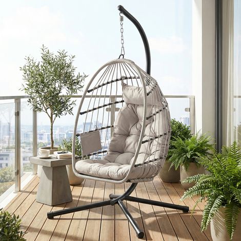 Fauteuil Suspendu Pliable à Hauteur Réglable, avec Coussin, pour Jardin, Balcon, Blanc (1/5)