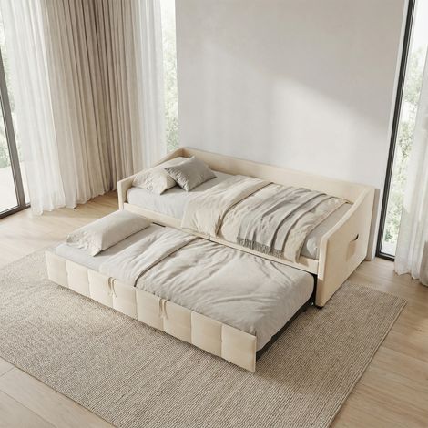 Schlafsofa Gästebett 90x200(x2) ausziehbar, Polsterbett, Seitentaschen, Holzlattenrost, für Kinder/Erwachsene, Samt, moderner Skandi-Stil, Beige