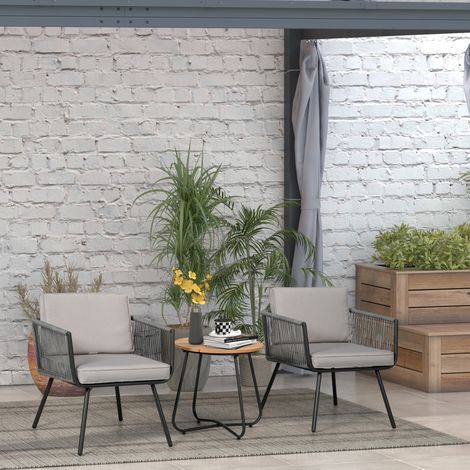 Conjunto de Muebles de Jardín de Ratán 3 Piezas Incluye 1 Mesa y 2 Sillones con Cojines Acolchados Gris (1/5)
