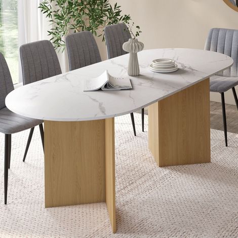 MARTHE Mesa de comedor extensible ovalada para 6-10 personas con tablero de mármol blanco ALASKA y acabado en madera de haya 160